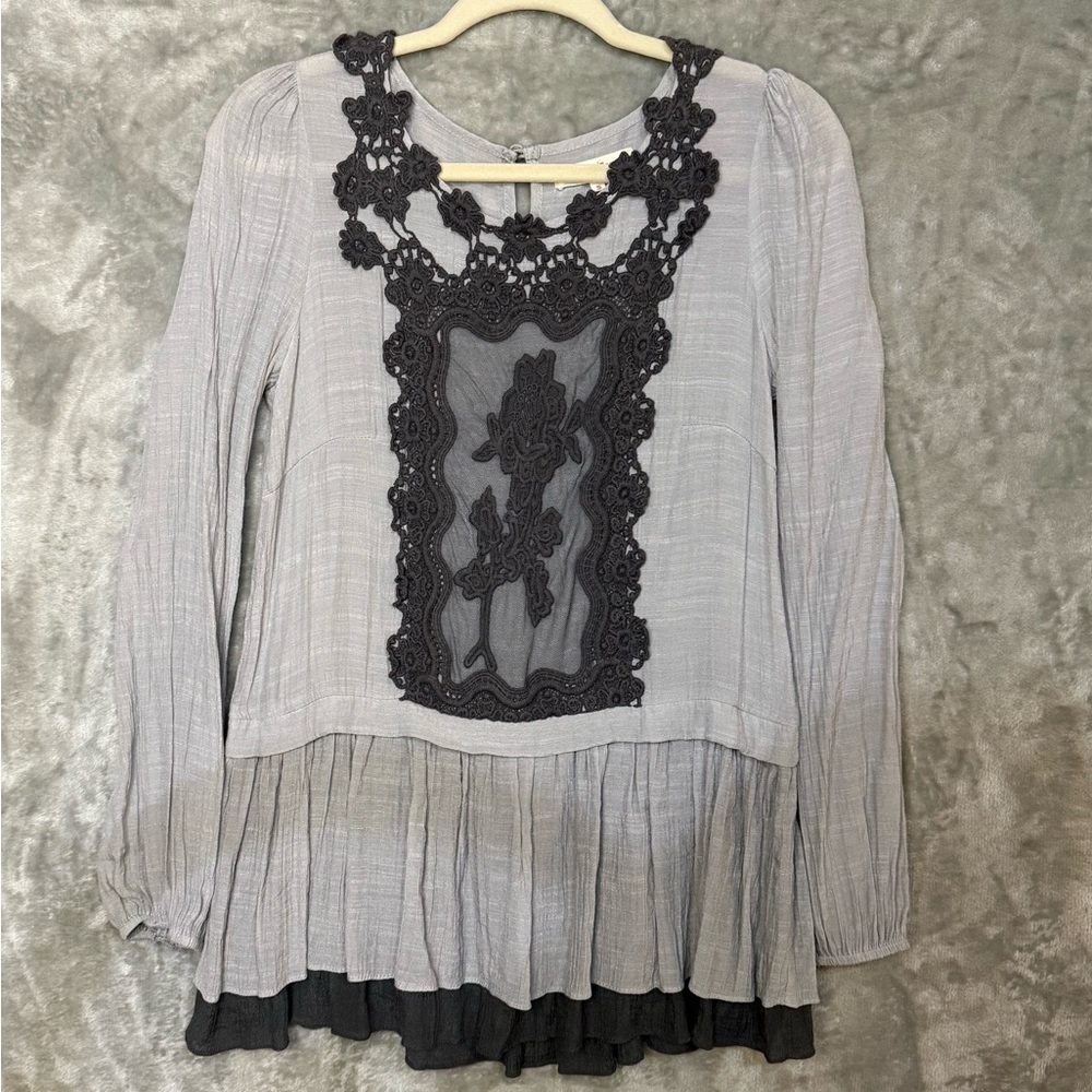 Altar’d State Small Long Sleeve Blouse with Sheer Lace and Crochet Inset